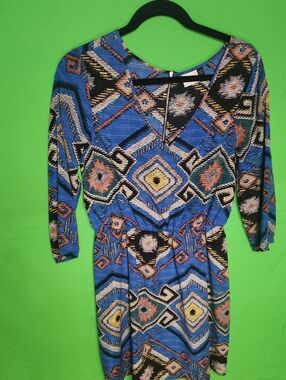 Daytrip Blue Geometric Pattern Long Sleeve Mini Dress Size M Boho Cinched Waist